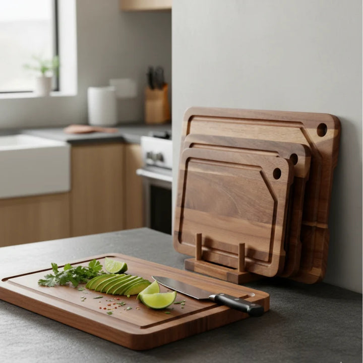 3-Piece Acacia Wood Cutting Board Set with Juice Groove and Storage Stand – Knife-Friendly, Moisture Resistant, Ideal for Meat, Vegetables, Cheese 0