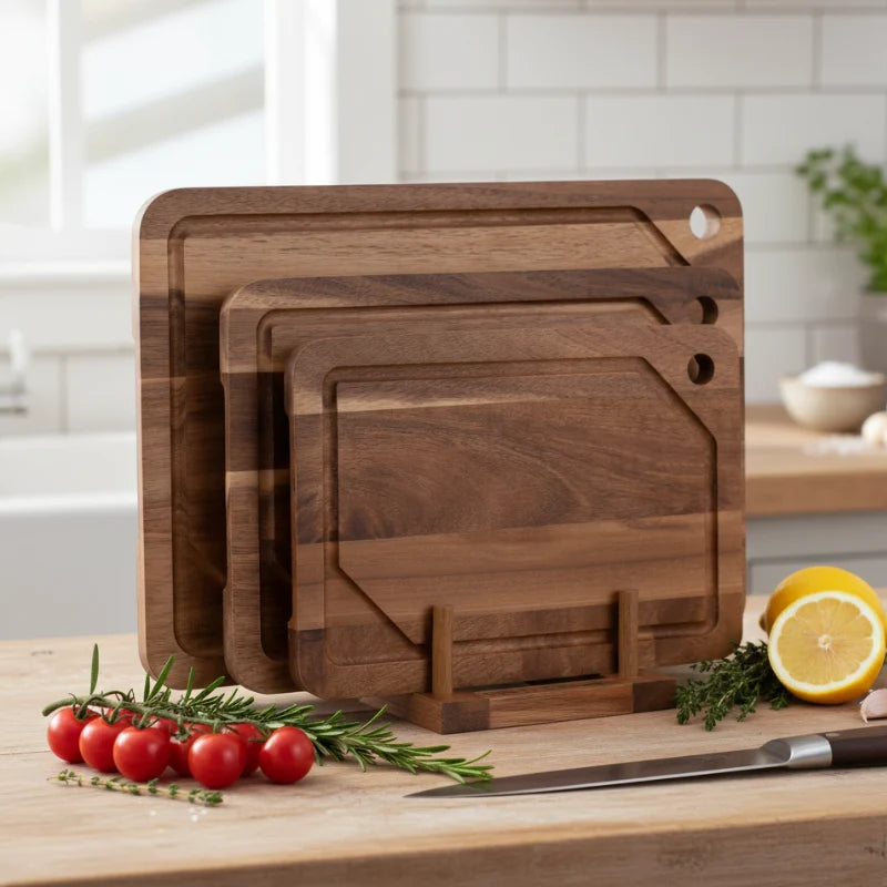 3-Piece Acacia Wood Cutting Board Set with Juice Groove and Storage Stand – Knife-Friendly, Moisture Resistant, Ideal for Meat, Vegetables, Cheese 1