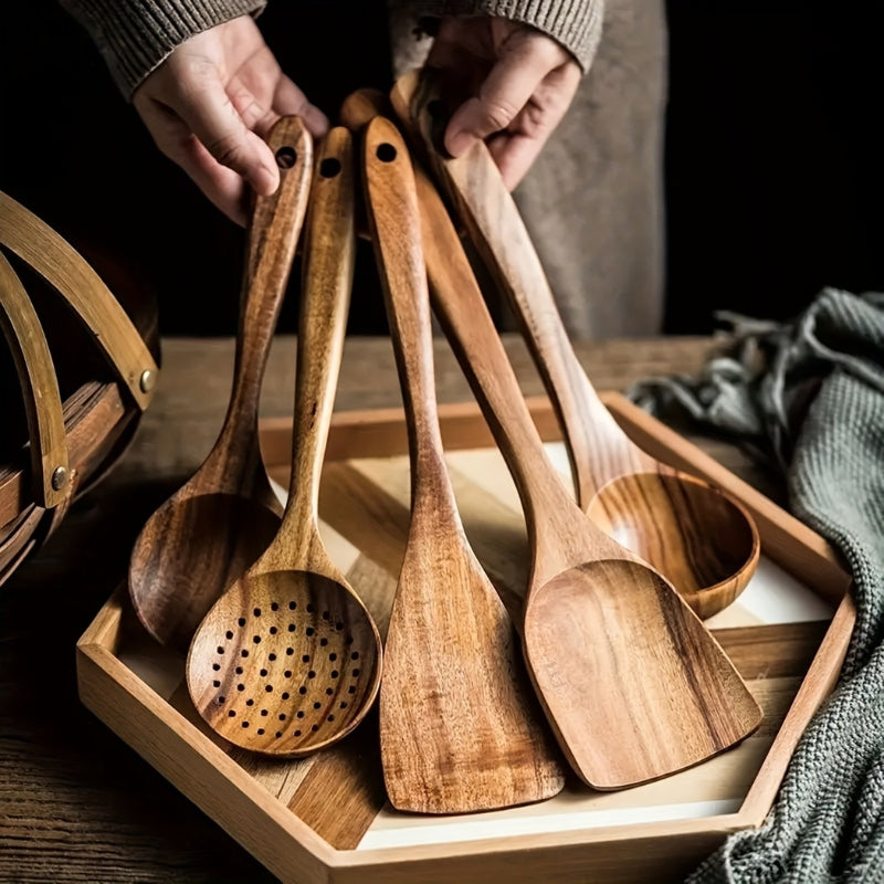 5-Piece Wooden Kitchen Utensil Set - Ergonomic Sustainable Cooking Utensils for Everyday Use 0