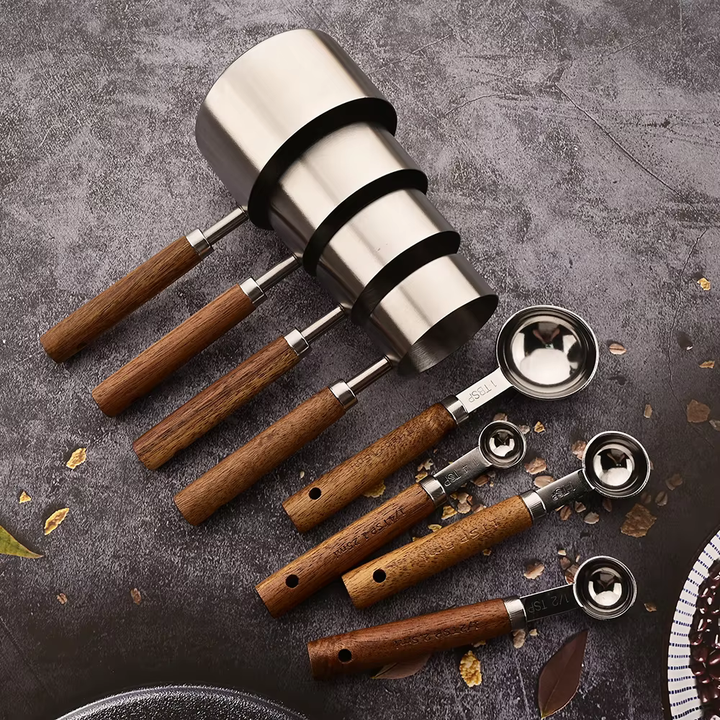 8-Piece Stainless Steel Measuring Cups and Spoons Set with Solid Oak Handles – Durable Kitchen Tools for Precision Cooking 0