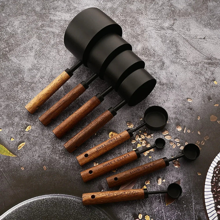 8-Piece Stainless Steel Measuring Cups and Spoons Set with Solid Oak Handles – Durable Kitchen Tools for Precision Cooking 1