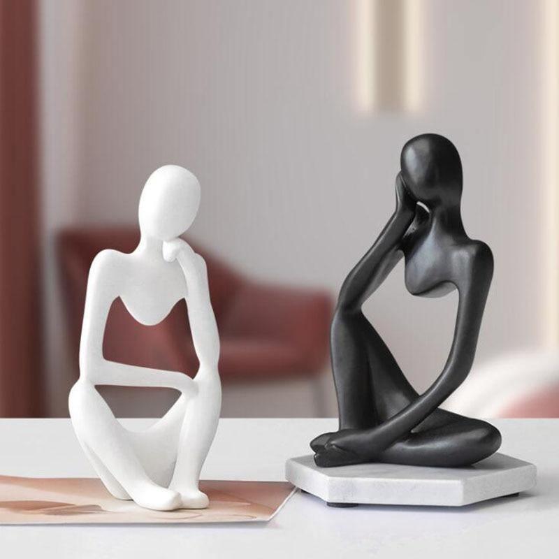 Abstract Thinker Sculpture in White, Black, and Gold – Modern Resin Art for Home and Office Decor 1