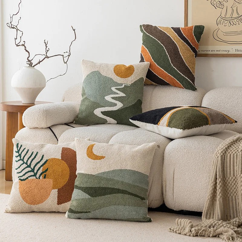 Abstract Tufted Cushion Cover – Soft Velvet with Modern Landscape Design 1