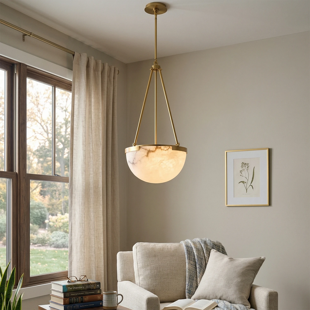 Alabaster Dome Pendant Light with Metal Frame – Modern Kitchen Pendant Lighting for Island, Unique Design, Warm Glow 0