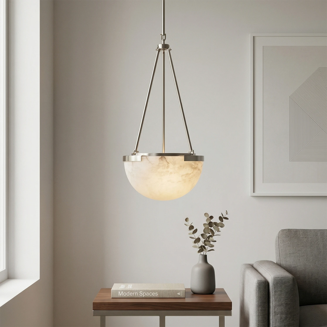 Alabaster Dome Pendant Light with Metal Frame – Modern Kitchen Pendant Lighting for Island, Unique Design, Warm Glow 3