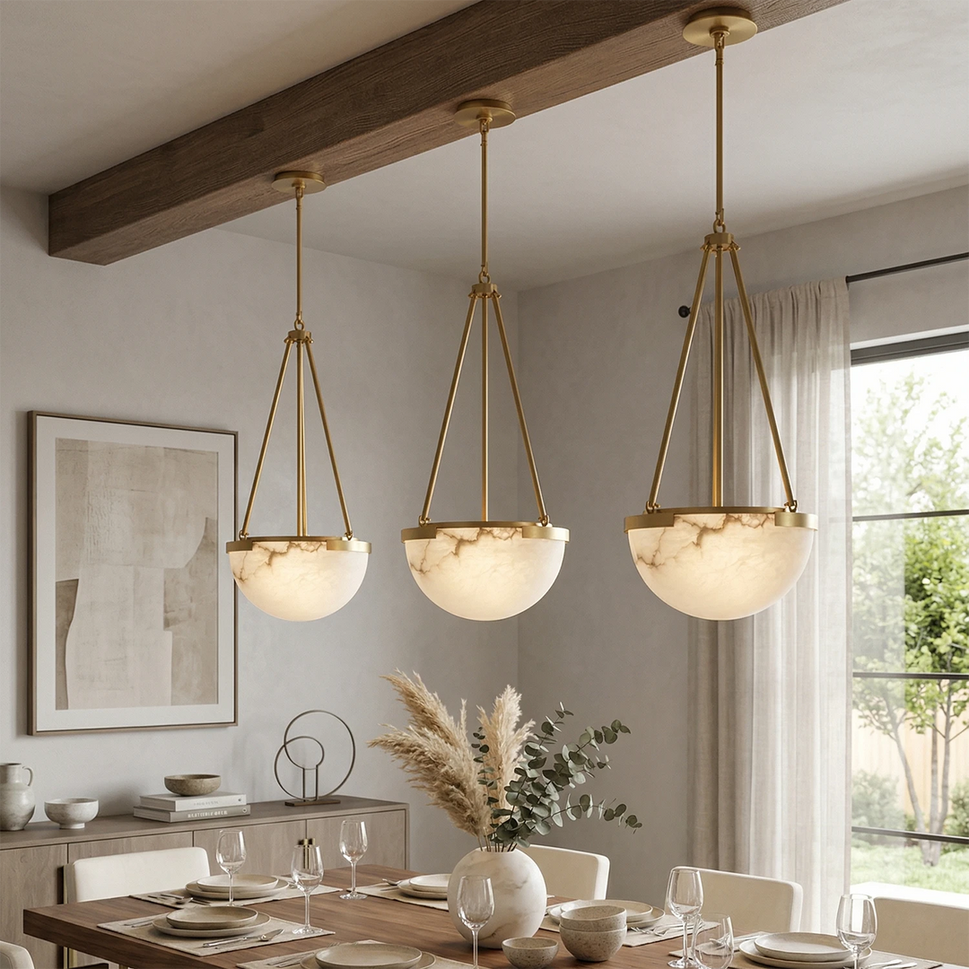Alabaster Dome Pendant Light with Metal Frame – Modern Kitchen Pendant Lighting for Island, Unique Design, Warm Glow 7