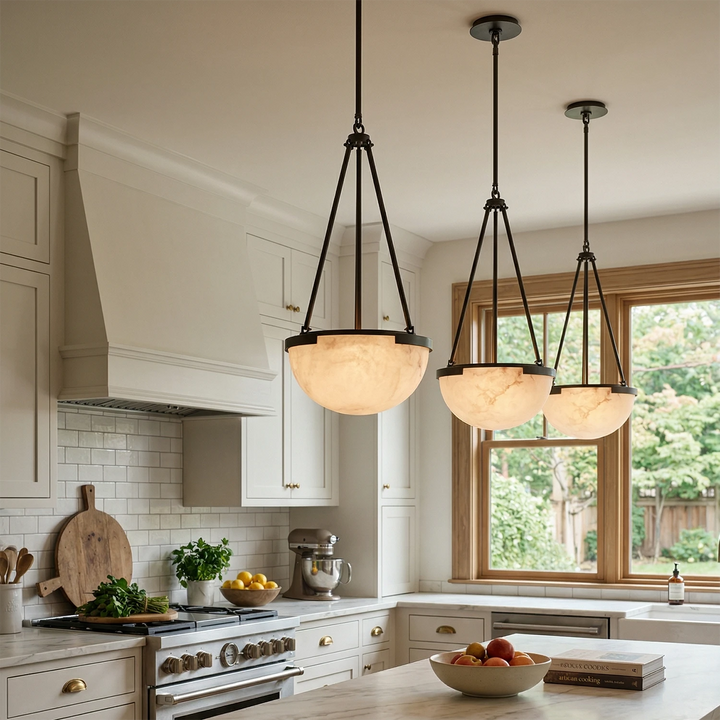 Alabaster Dome Pendant Light with Metal Frame – Modern Kitchen Pendant Lighting for Island, Unique Design, Warm Glow 8