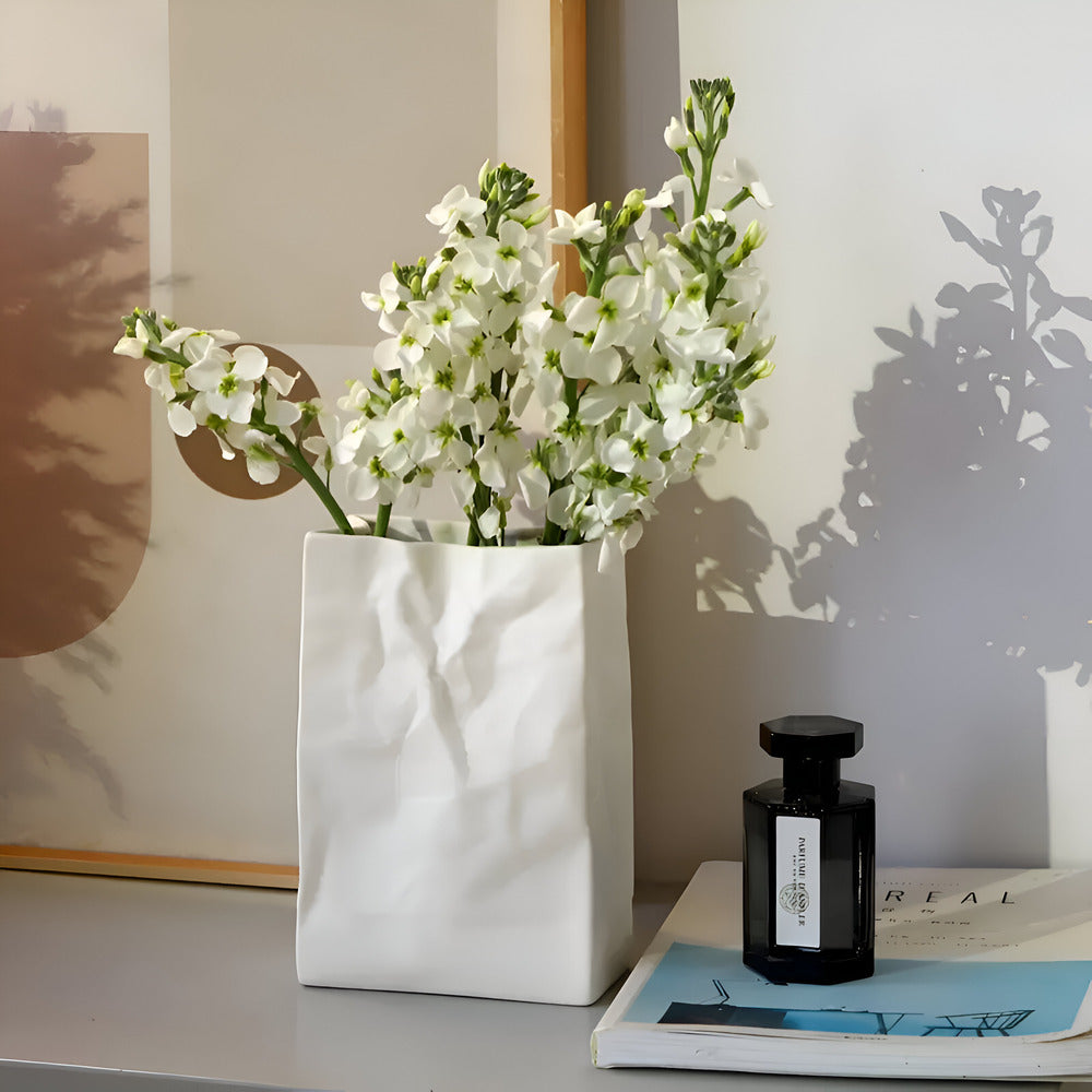 Artistic Ceramic Vase with Unique Paper Bag Design – Handmade Textured Decor 0