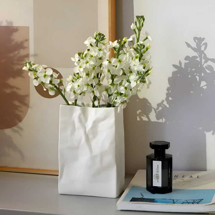 Artistic Ceramic Vase with Unique Paper Bag Design – Handmade Textured Decor 0