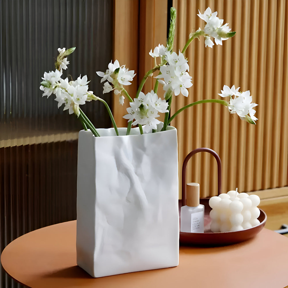 Artistic Ceramic Vase with Unique Paper Bag Design – Handmade Textured Decor 1