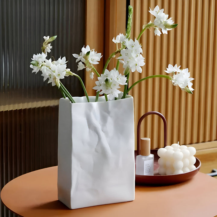 Artistic Ceramic Vase with Unique Paper Bag Design – Handmade Textured Decor 1