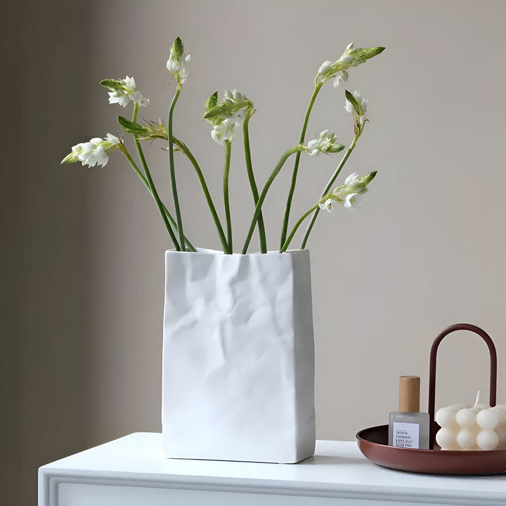 Artistic Ceramic Vase with Unique Paper Bag Design – Handmade Textured Decor 2