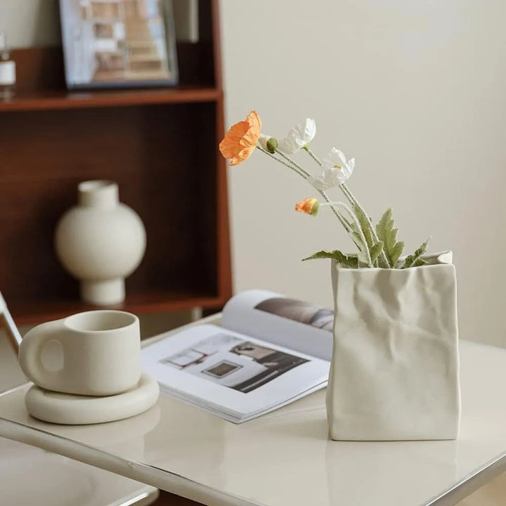 Artistic Ceramic Vase with Unique Paper Bag Design – Handmade Textured Decor 4