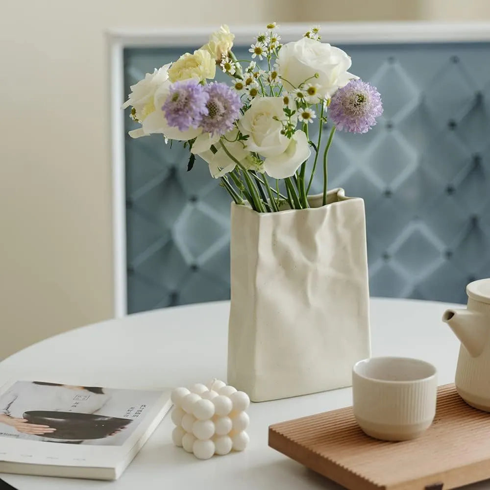 Artistic Ceramic Vase with Unique Paper Bag Design – Handmade Textured Decor 5