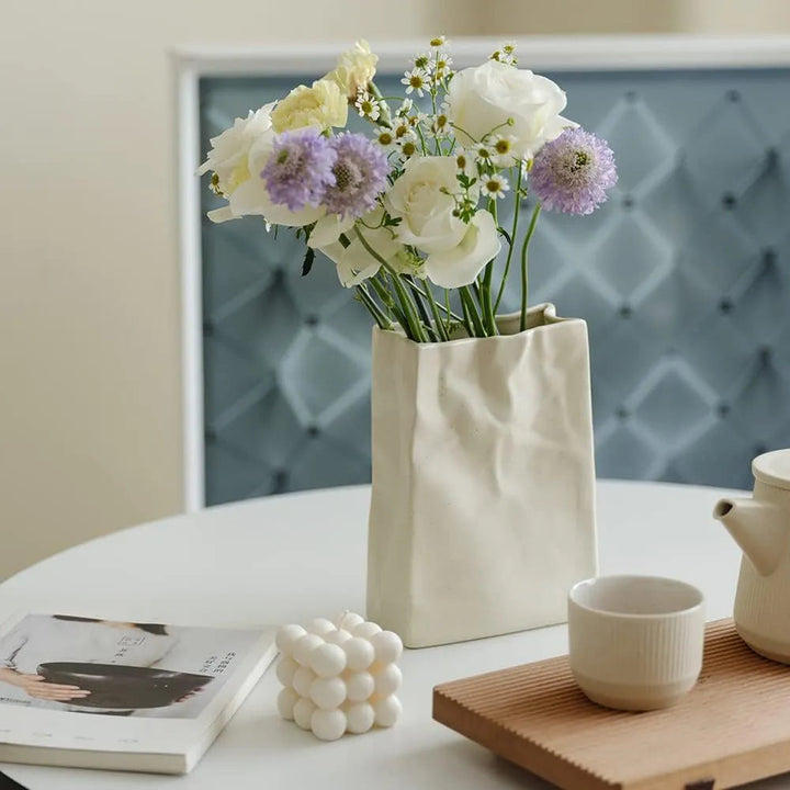 Artistic Ceramic Vase with Unique Paper Bag Design – Handmade Textured Decor 5