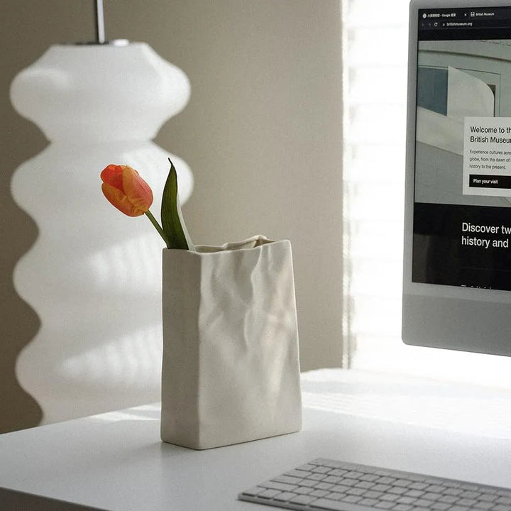 Artistic Ceramic Vase with Unique Paper Bag Design – Handmade Textured Decor 6