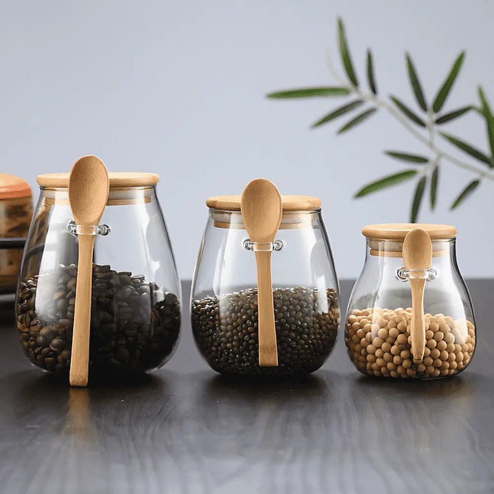 Bamboo Curve Glass Storage Jar with Spoon – Airtight, 3 Sizes for Coffee, Tea, and Grains 0
