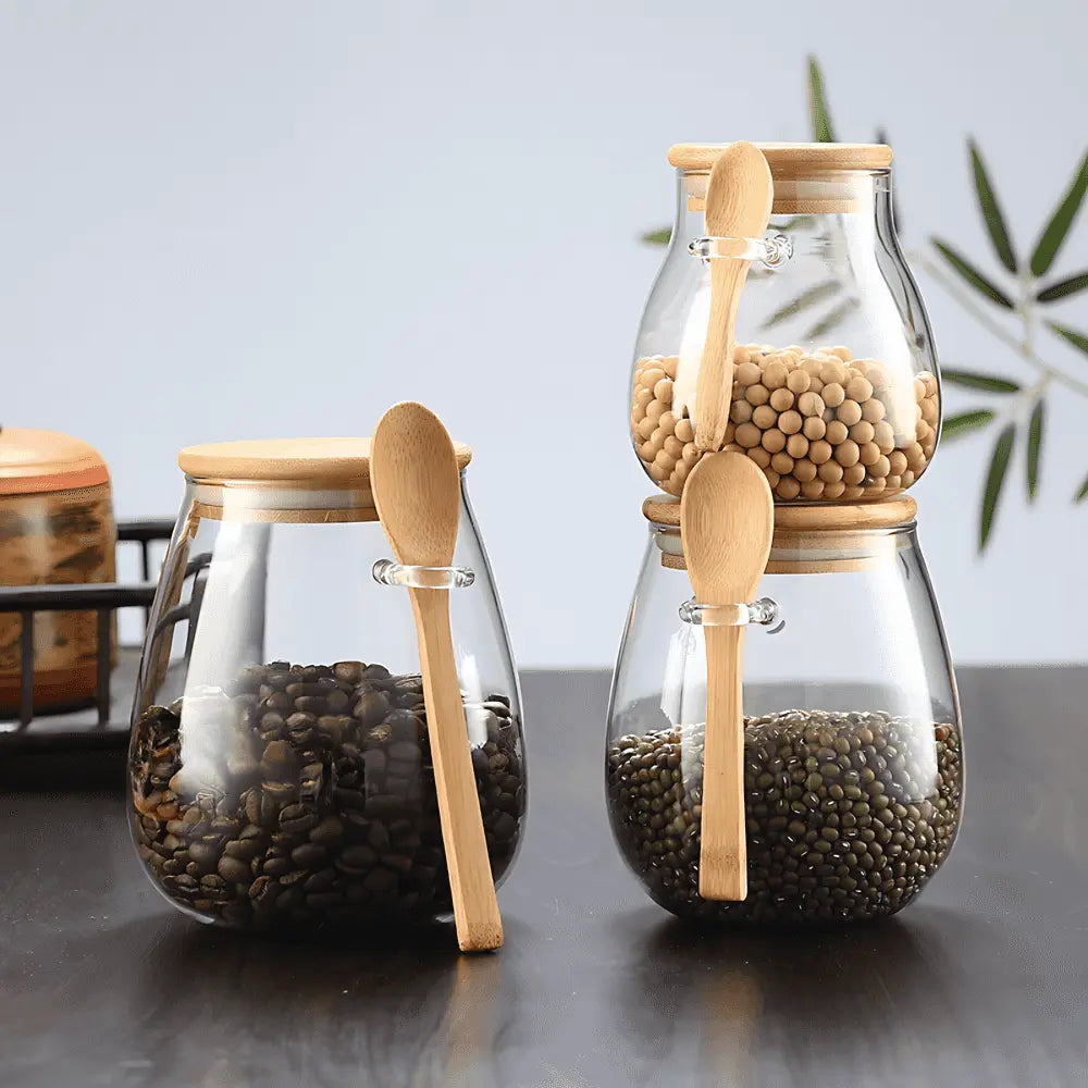 Bamboo Curve Glass Storage Jar with Spoon – Airtight, 3 Sizes for Coffee, Tea, and Grains 1