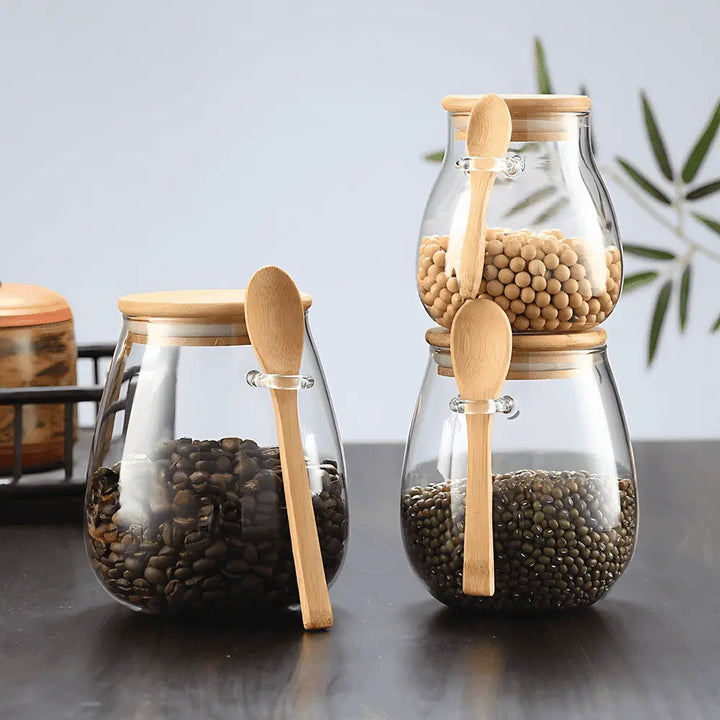 Bamboo Curve Glass Storage Jar with Spoon – Airtight, 3 Sizes for Coffee, Tea, and Grains 1
