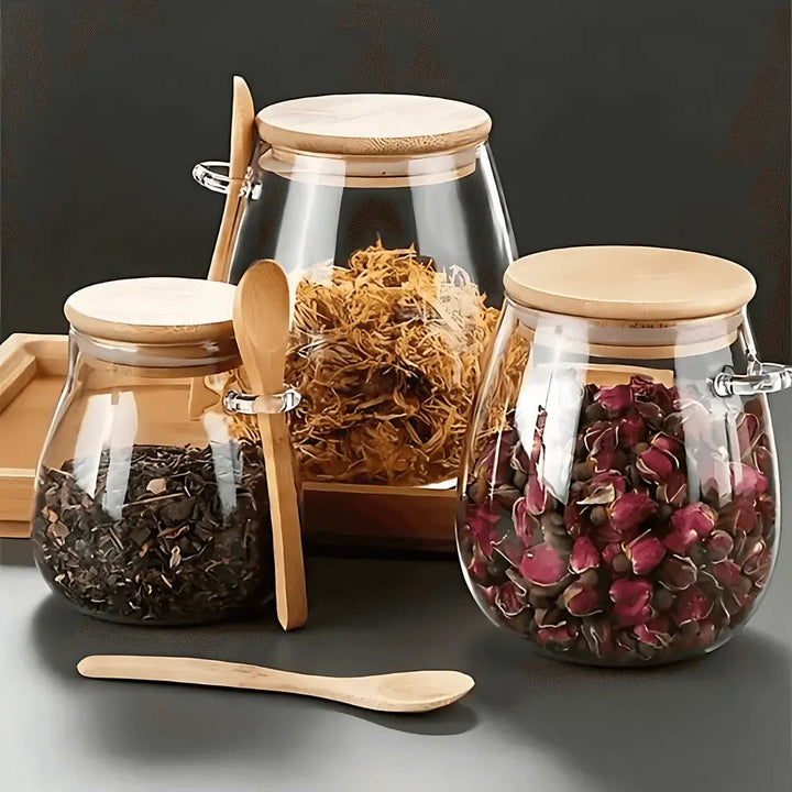 Bamboo Curve Glass Storage Jar with Spoon – Airtight, 3 Sizes for Coffee, Tea, and Grains 2