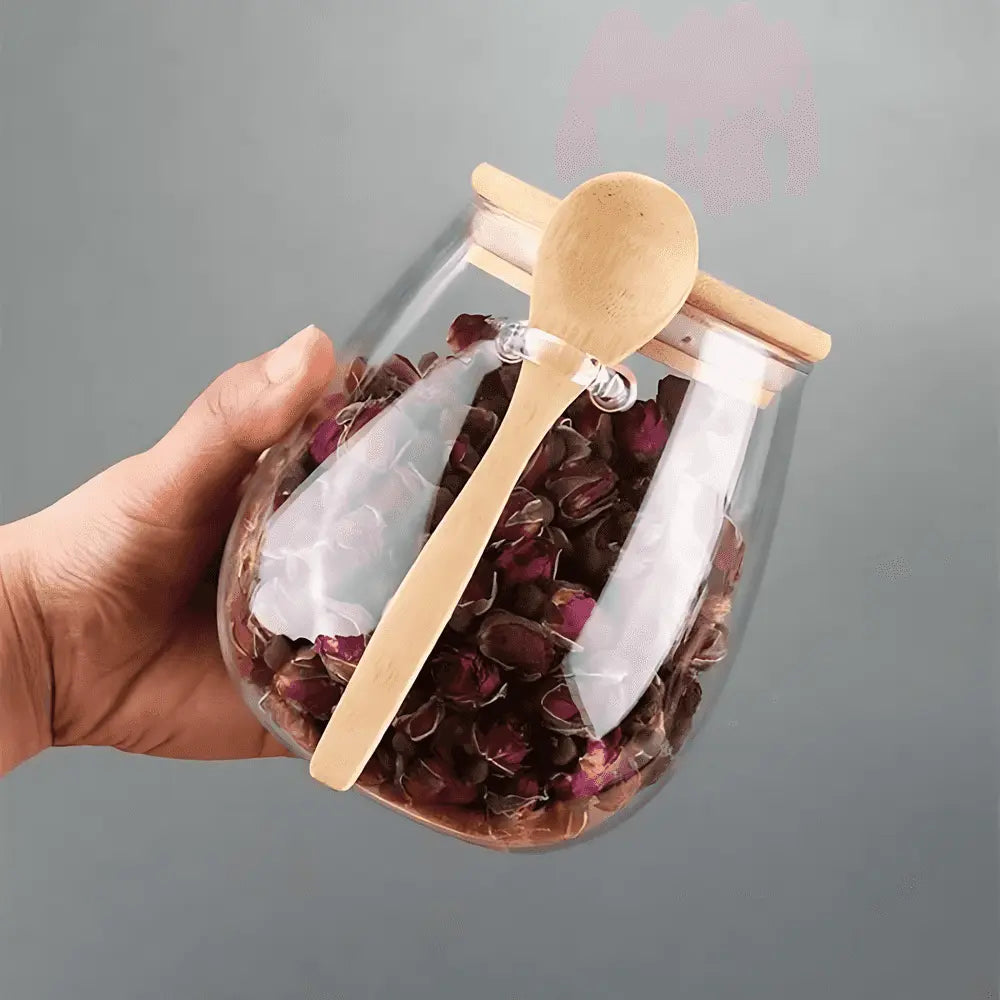 Bamboo Curve Glass Storage Jar with Spoon – Airtight, 3 Sizes for Coffee, Tea, and Grains 3