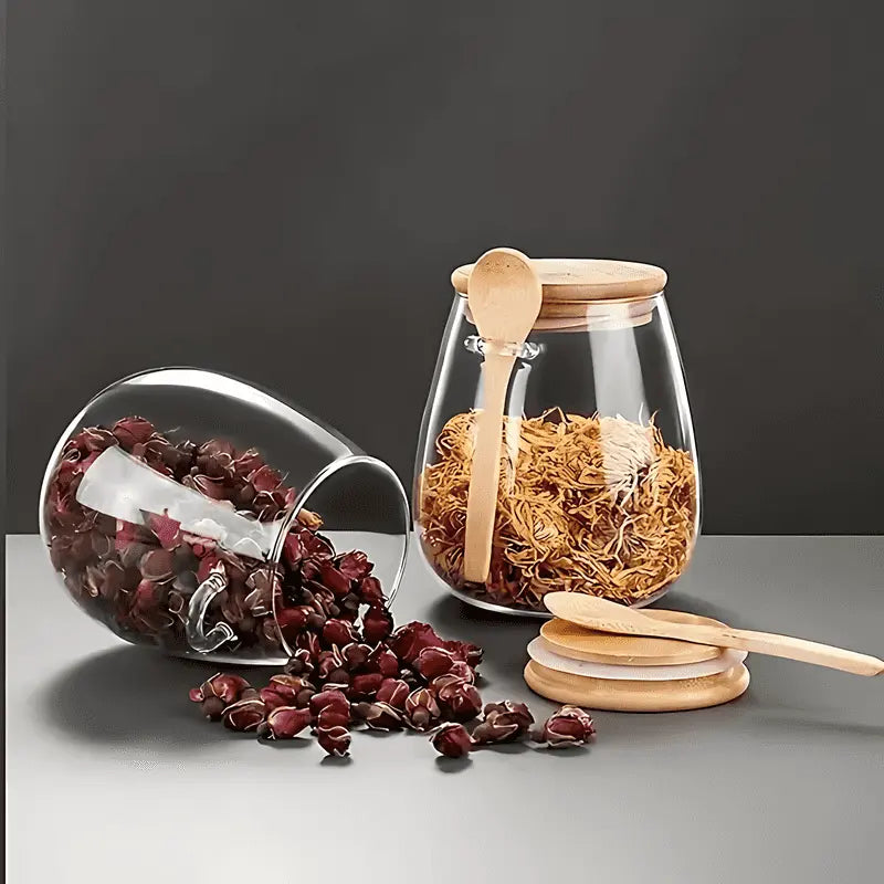 Bamboo Curve Glass Storage Jar with Spoon – Airtight, 3 Sizes for Coffee, Tea, and Grains 6