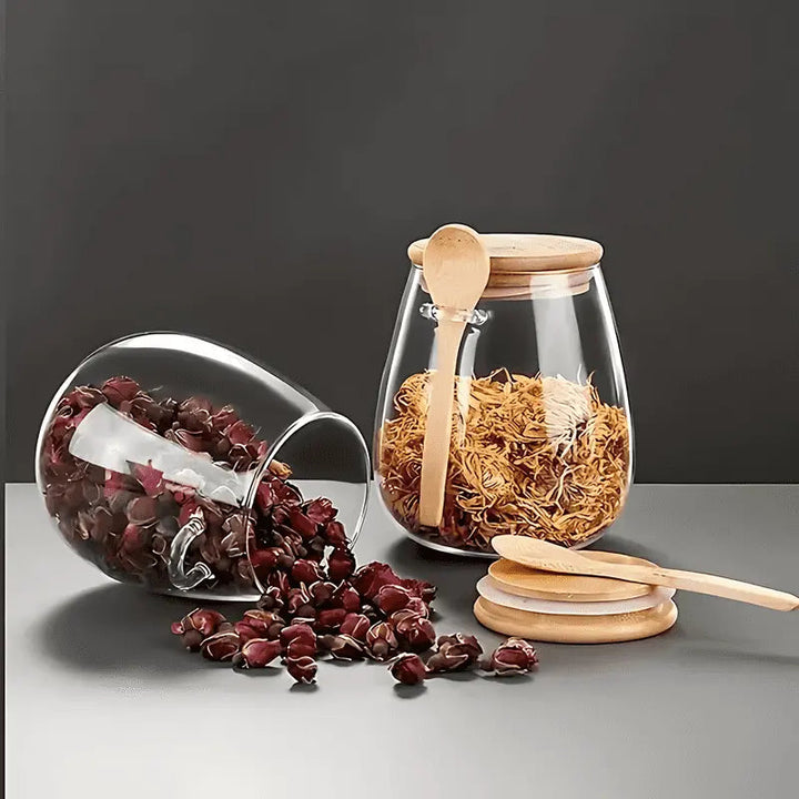 Bamboo Curve Glass Storage Jar with Spoon – Airtight, 3 Sizes for Coffee, Tea, and Grains 6