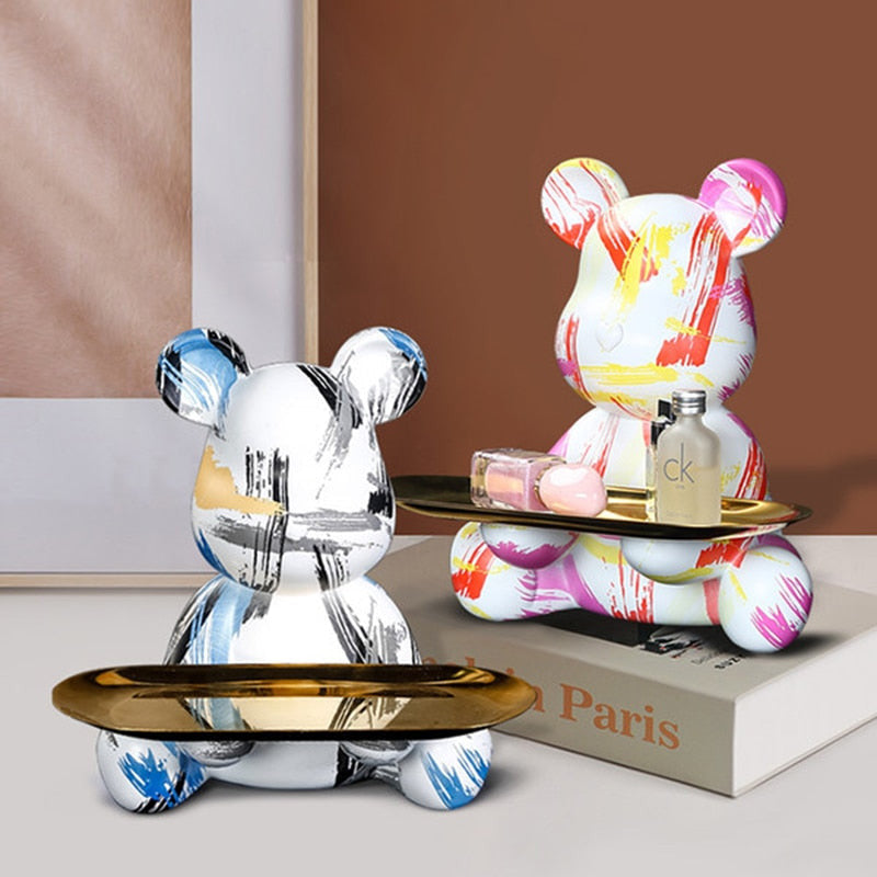 Bear Graffiti Painted Sculpture Table Tray – Unique Resin Art Decor for Home and Office 4