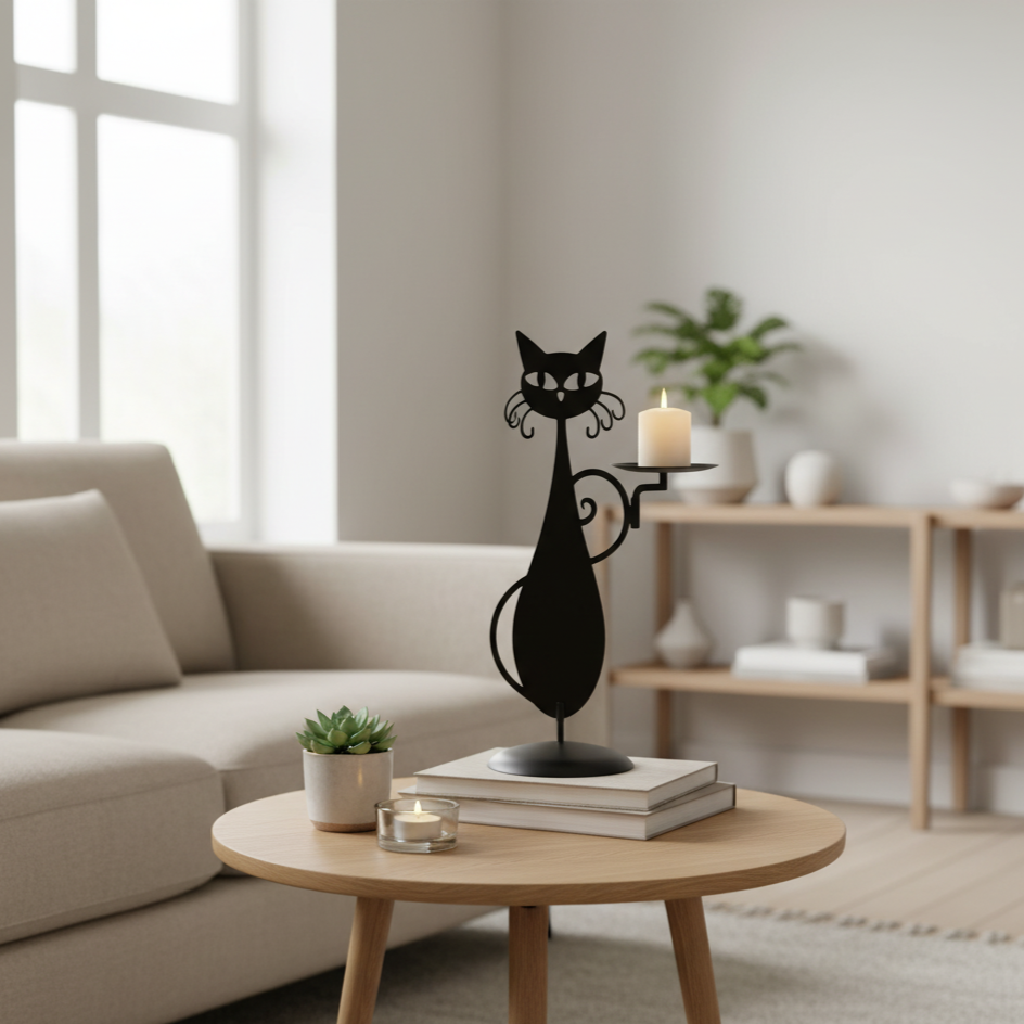 Black Cat-Shaped Candlestick Holder – Decorative Metal Candle Holder for Cozy Ambiance, Ideal for Tea Lights and Small Candles 0
