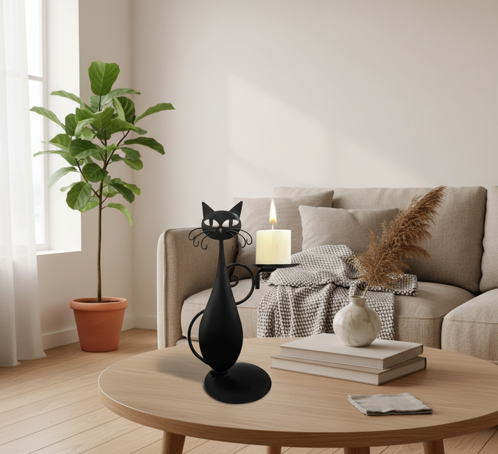 Black Cat-Shaped Candlestick Holder – Decorative Metal Candle Holder for Cozy Ambiance, Ideal for Tea Lights and Small Candles 1