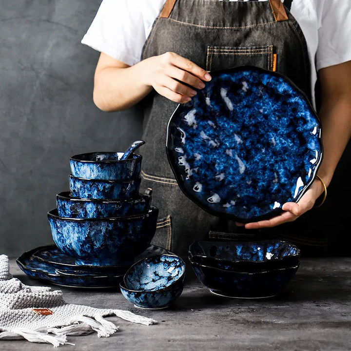Blue Nebula 10-Piece Dinner Set – Elegant Ceramic Dinnerware Set with Plates and Bowls, Microwave and Dishwasher Safe 0