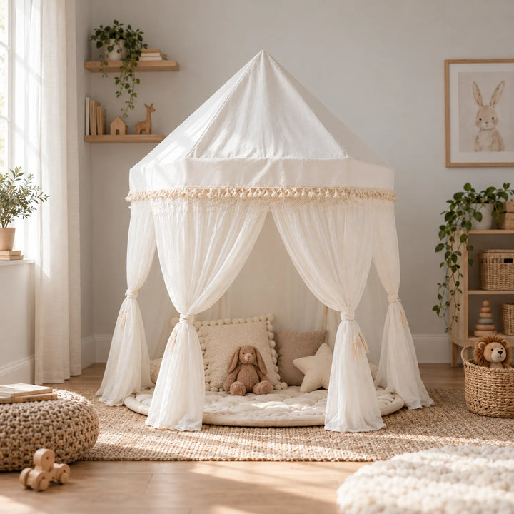 Boho Kids Playhouse Indoor Tent, 120x120 cm Cotton Canvas Pavilion with Roll-Up Walls for Imaginative Play and Reading 0