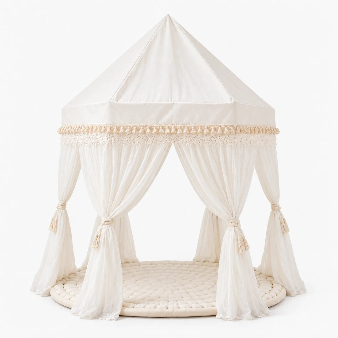 Boho Kids Playhouse Indoor Tent, 120x120 cm Cotton Canvas Pavilion with Roll-Up Walls for Imaginative Play and Reading 1