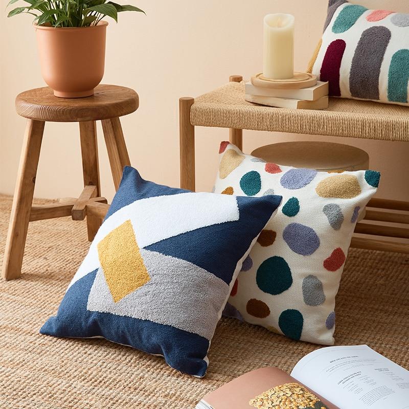 Boho Throw Pillow with Abstract Embroidery – Soft Decorative Cushion in Earth Tones 1