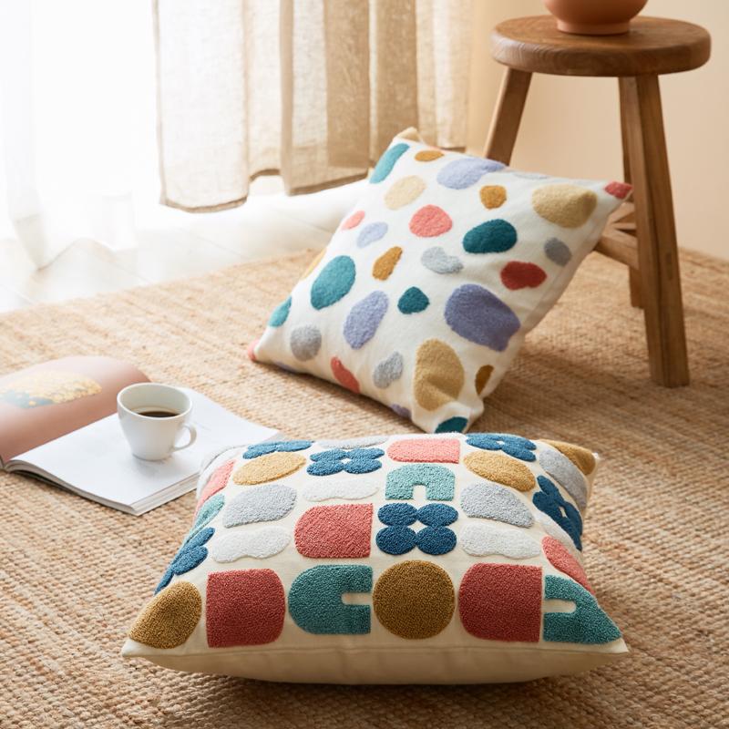 Boho Throw Pillow with Abstract Embroidery – Soft Decorative Cushion in Earth Tones 2