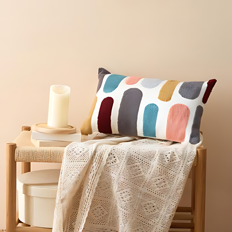 Boho Throw Pillow with Abstract Embroidery – Soft Decorative Cushion in Earth Tones 8