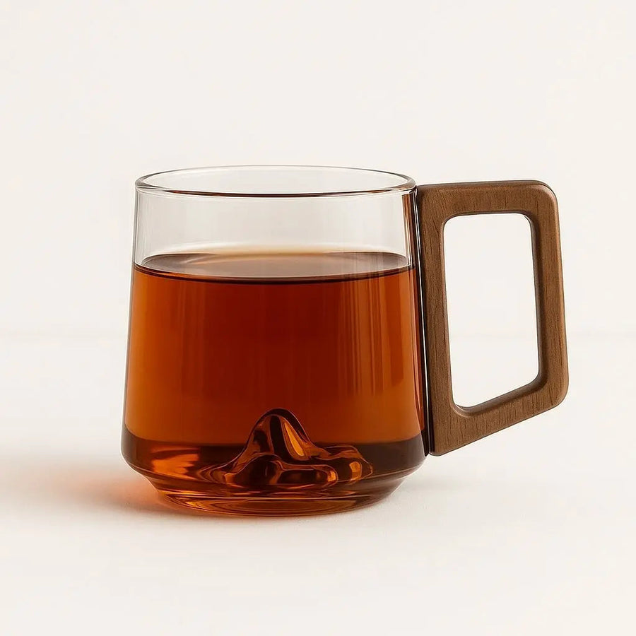Borosilicate Glass Coffee Mug with Wooden Handle – Artistic Mountain Design, 400ml Capacity – Smoky Green-Gray 0
