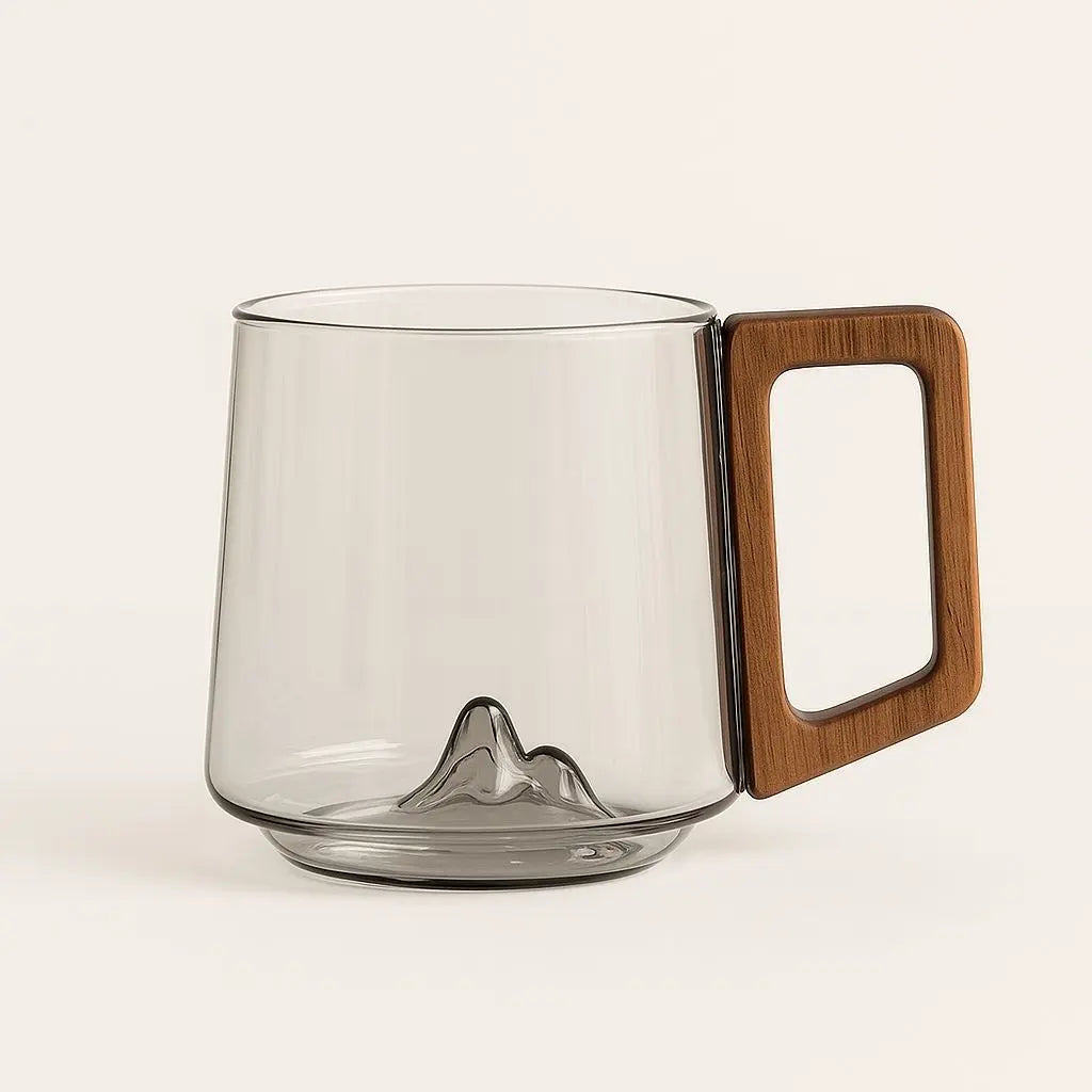 Borosilicate Glass Coffee Mug with Wooden Handle – Artistic Mountain Design, 400ml Capacity – Smoky Green-Gray 1