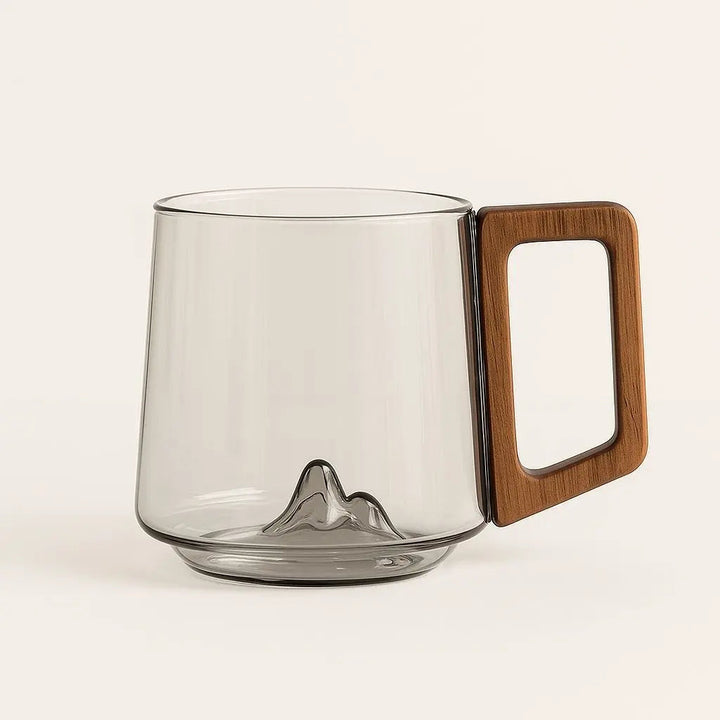 Borosilicate Glass Coffee Mug with Wooden Handle – Artistic Mountain Design, 400ml Capacity – Smoky Green-Gray 1