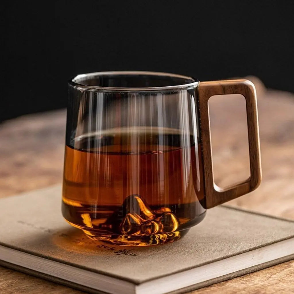 Borosilicate Glass Coffee Mug with Wooden Handle – Artistic Mountain Design, 400ml Capacity – Smoky Green-Gray 2