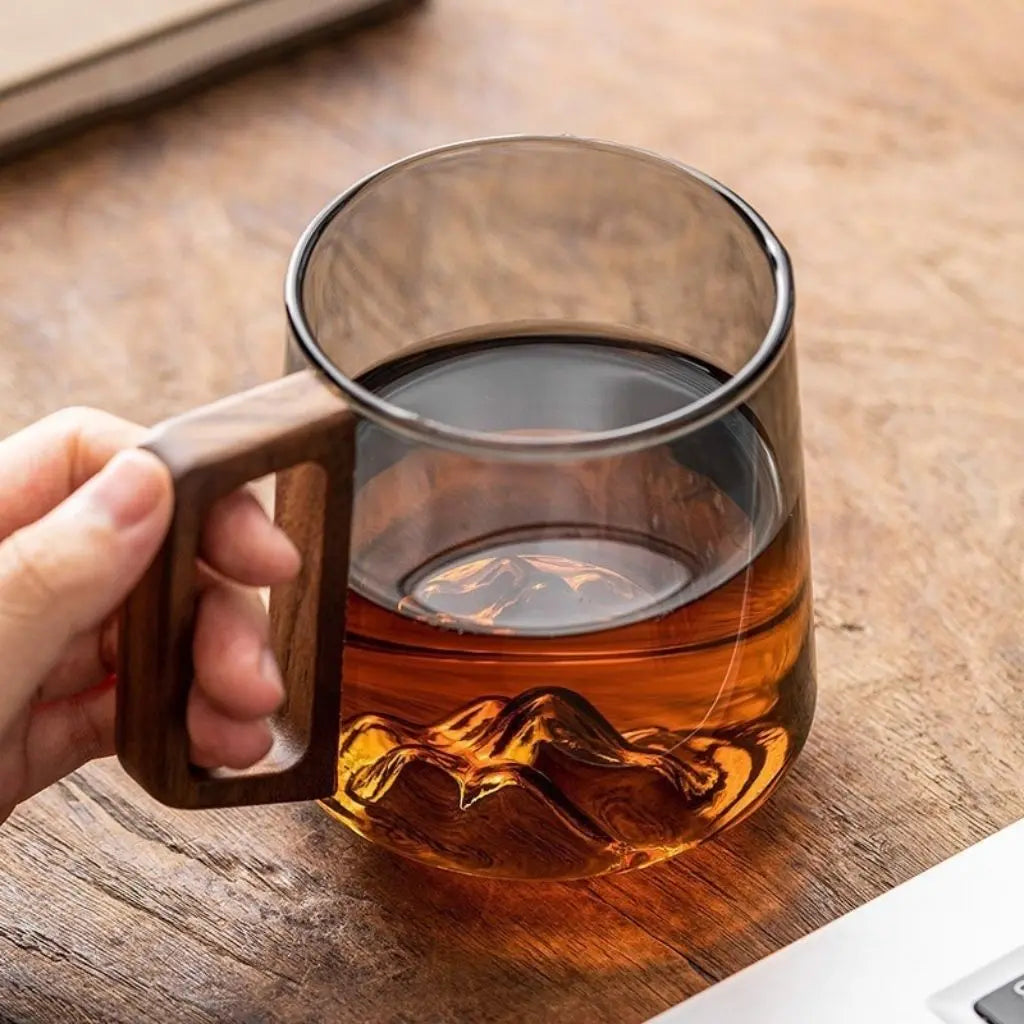 Borosilicate Glass Coffee Mug with Wooden Handle – Artistic Mountain Design, 400ml Capacity – Smoky Green-Gray 3