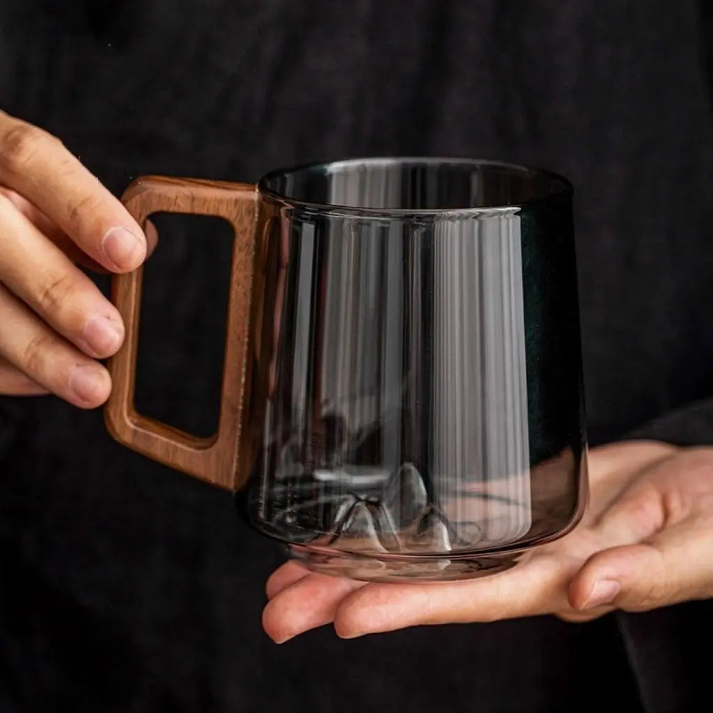 Borosilicate Glass Coffee Mug with Wooden Handle – Artistic Mountain Design, 400ml Capacity – Smoky Green-Gray 4