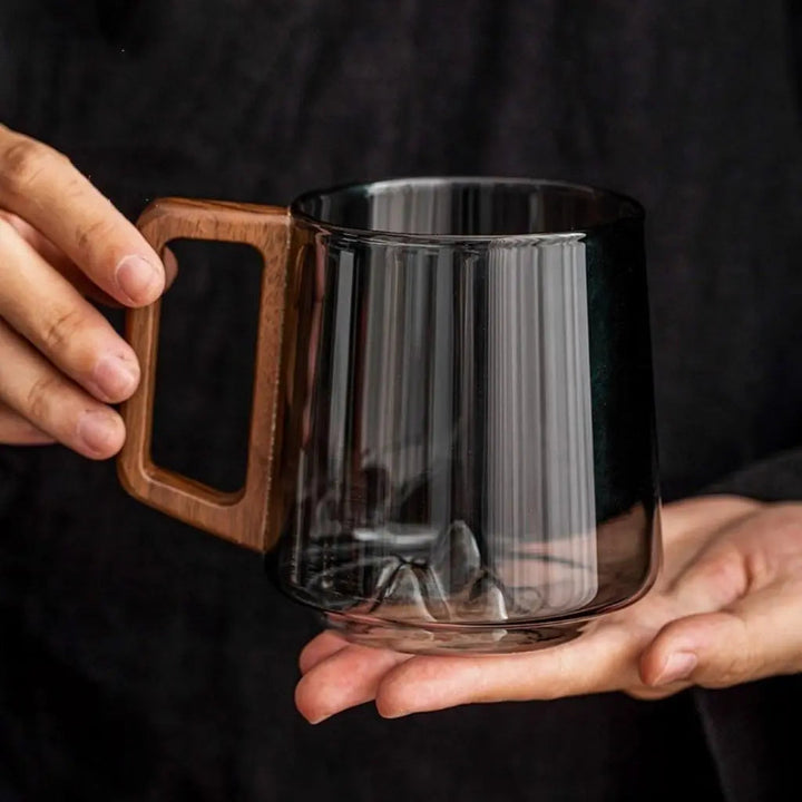 Borosilicate Glass Coffee Mug with Wooden Handle – Artistic Mountain Design, 400ml Capacity – Smoky Green-Gray 4