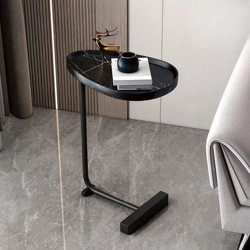 C-Shaped Mobile Side Table – Compact Wood and Metal Design for Sofa or Bed 0