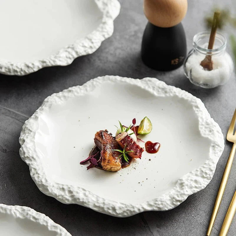 Ceramic Dinner Plate with Rustic Rock-Texture Edge – Durable Porcelain Dinnerware for Hearty Meals 0