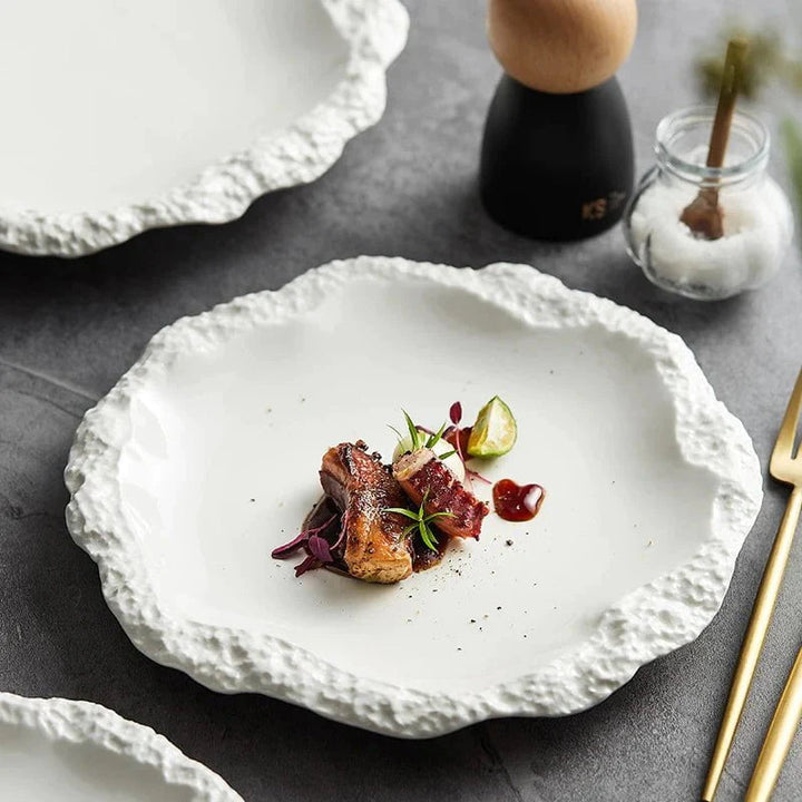Ceramic Dinner Plate with Rustic Rock-Texture Edge – Durable Porcelain Dinnerware for Hearty Meals 0