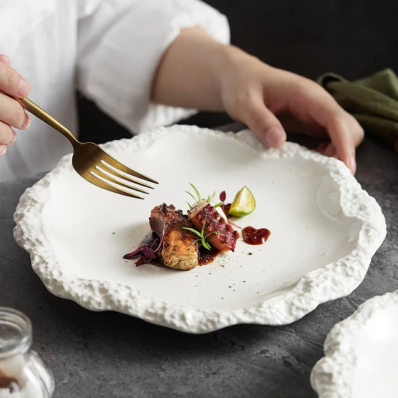 Ceramic Dinner Plate with Rustic Rock-Texture Edge – Durable Porcelain Dinnerware for Hearty Meals 1