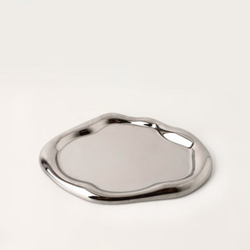 Chrome Plated Ceramic Tray and Dish for Snacks and Trinkets – White with Black Dots and Silver 0