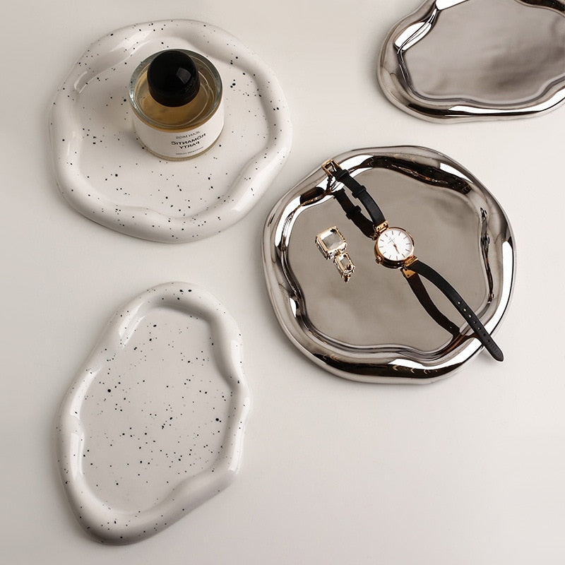 Chrome Plated Ceramic Tray and Dish for Snacks and Trinkets – White with Black Dots and Silver 1