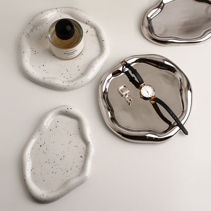 Chrome Plated Ceramic Tray and Dish for Snacks and Trinkets – White with Black Dots and Silver 1